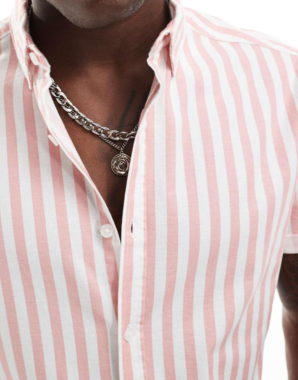 ASOS DESIGN stretch slim oxford stripe shirt in pink Product Image