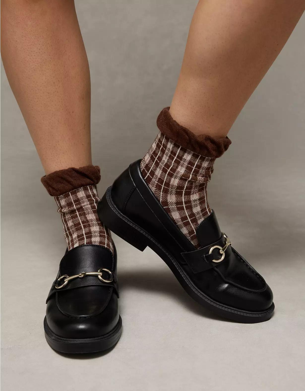 AE Plaid Ruffle Cropped Crew Socks 2-Pack Product Image