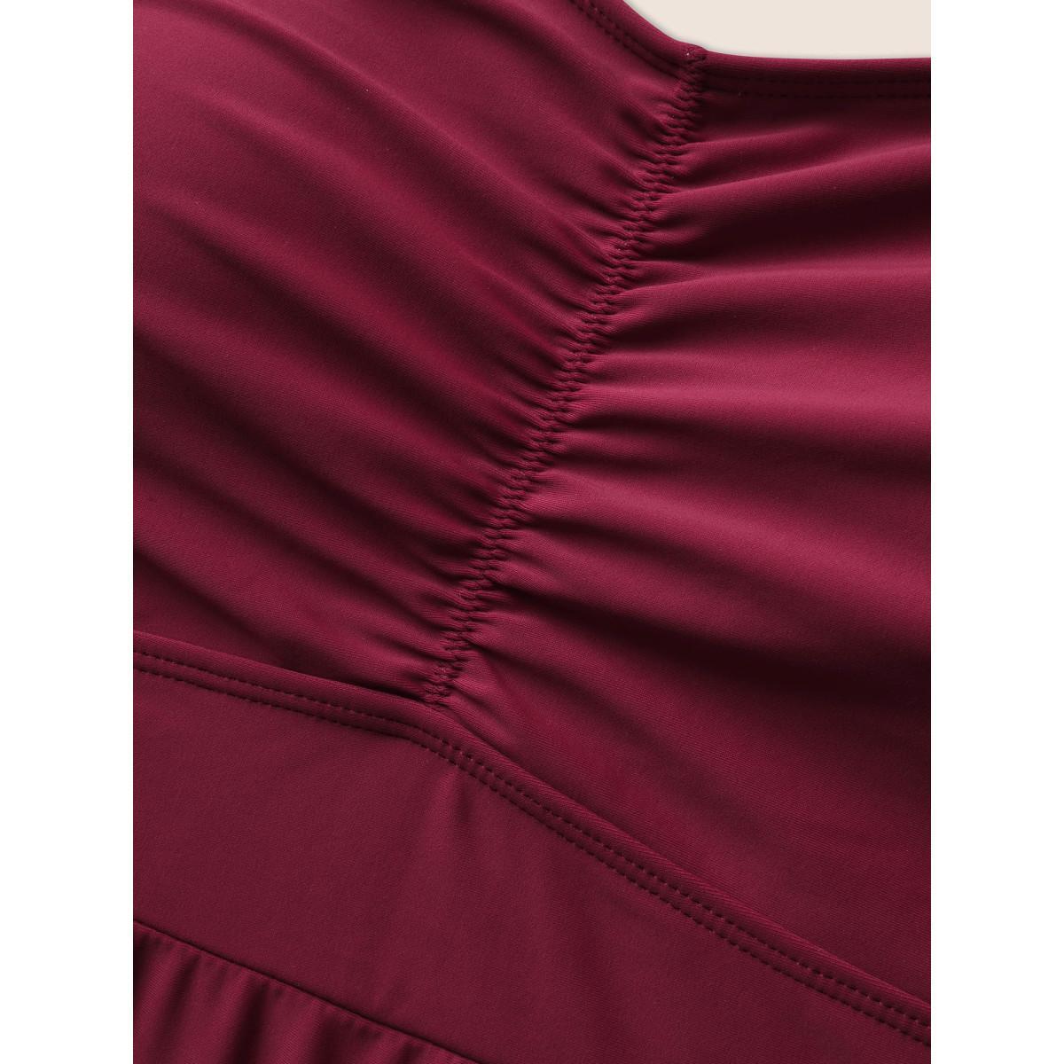 Plus Size Heart Neckline Gathered Patchwork Lace Trim Swim Dress Women's Swimwear Deepred Beach Bodycon Heart neckline High stretch Curve Swim Dresses BloomChic 22-24/3X Product Image