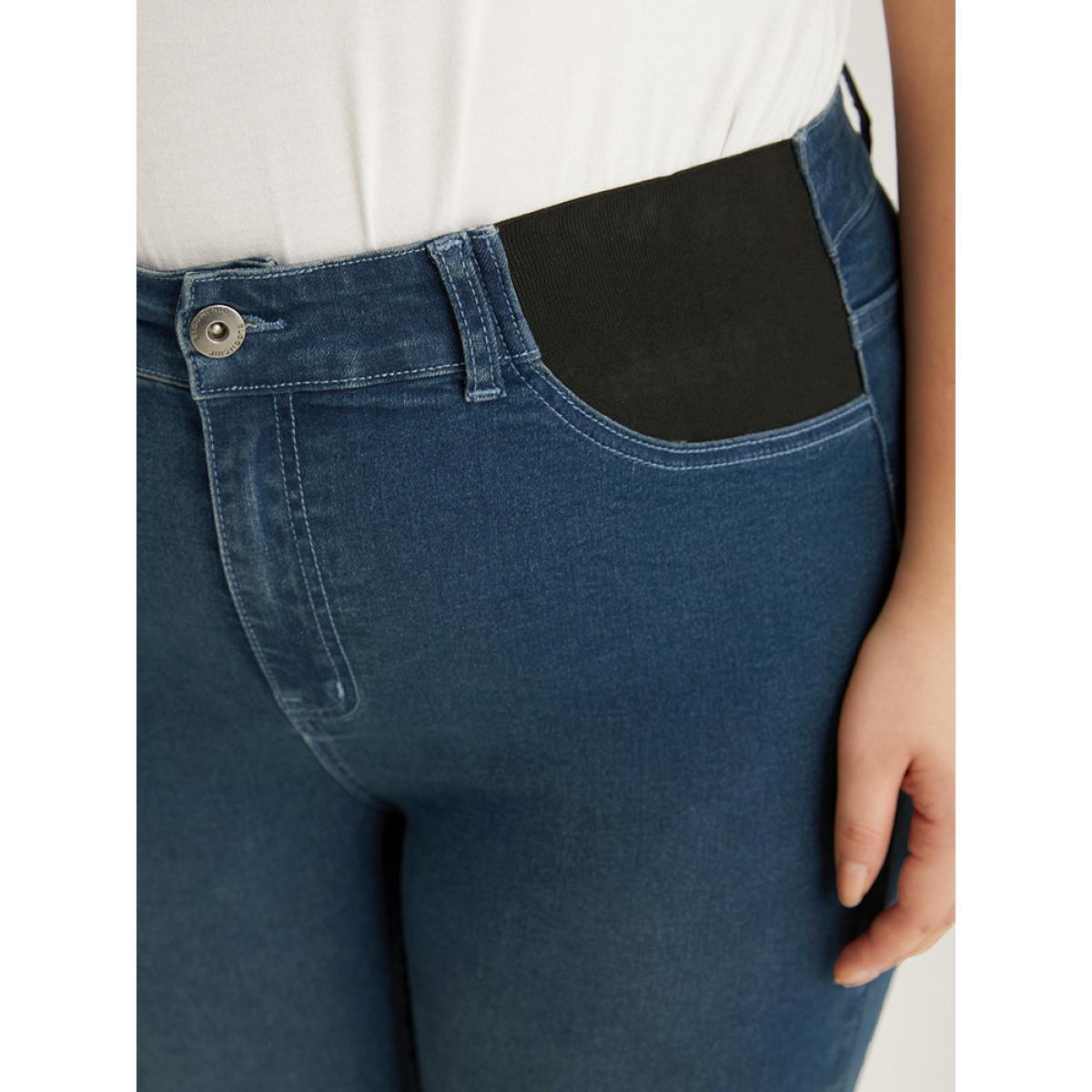 Plus Size Contrast Pocket Elastic Waist Very Stretchy Jeans Women Indigo Casual Plain Elastic Waist High stretch Pocket Jeans BloomChic 10/M Product Image