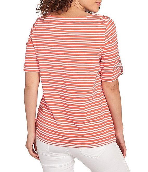 Ruby Rd. Knit Stripe Boat Neck Short Roll-Tab Sleeve Top Product Image