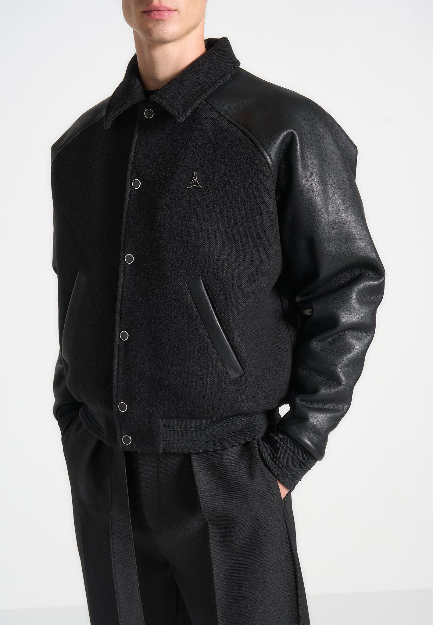 Leather Raglan Varsity Jacket - Black Male Product Image