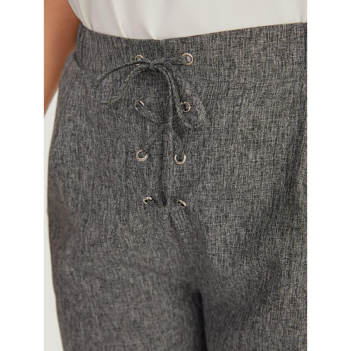 Plus Size Plain Lace Up Pleated Straight Leg Pants Women Gray Office Straight Leg High Rise Work Pants BloomChic 18-20/2X Product Image