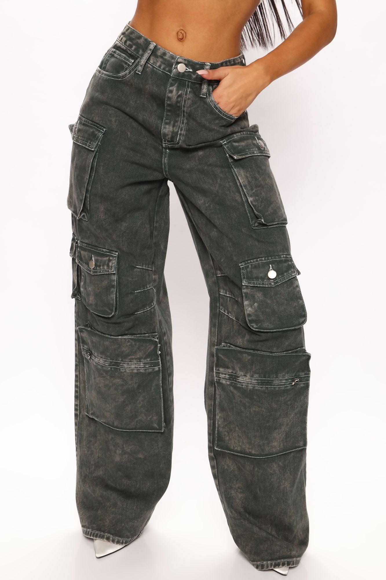 Lily High Rise Cargo Jeans - Green Product Image