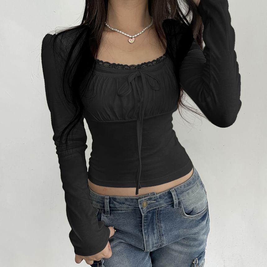 Long Sleeve Square-Neck Lace-Trim Ruched Plain Slim-Fit Crop Top Product Image