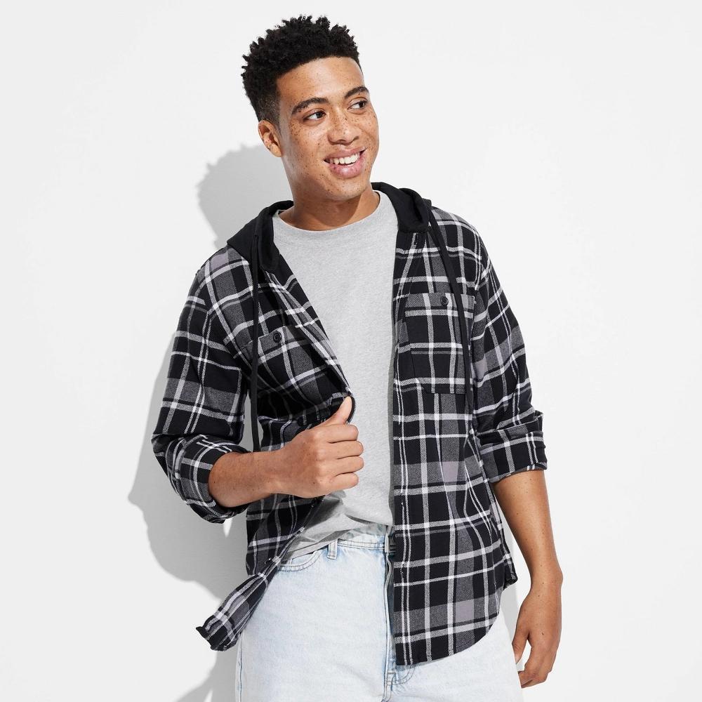 Mens Checked Hooded Long Sleeve Button-Down Shirt - Original Use Black M: Flannel, Front Pocket, Machine Washable Product Image