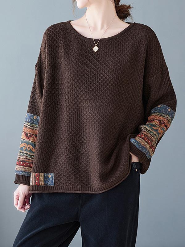 Long Sleeves Loose Printed Split-Joint Round-Neck Pullovers Sweater Tops Product Image