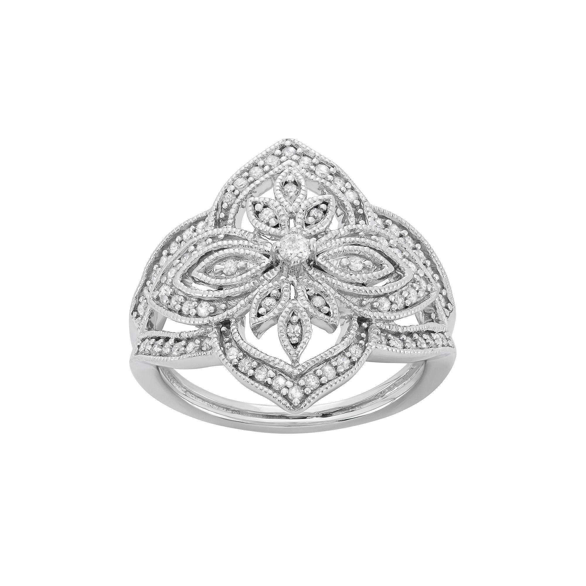 3/8 Carat T.W. Diamond Sterling Silver Flower Ring, Women's, Size: 6, White Product Image