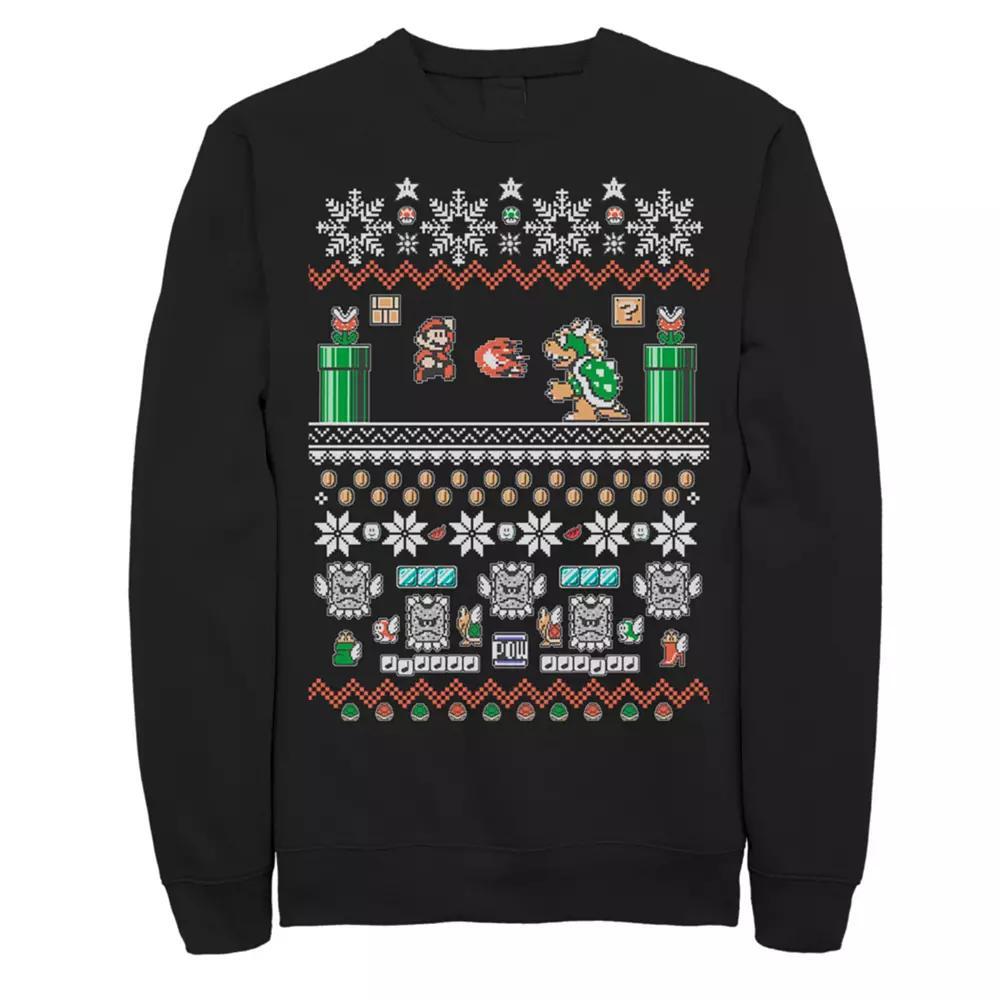 Men's Nintendo Super Mario 8-Bit Christmas Stack Fleece, Size: Small, Black Product Image