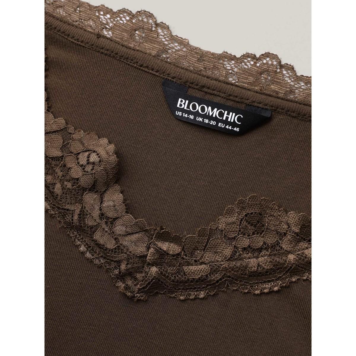 Plus Size Modal Lace Detail Fitted Tank Top Women DarkBrown Woven ribbon&lace trim Non Everyday-Elegant Tank Tops Camis BloomChic 14-16/1X Product Image