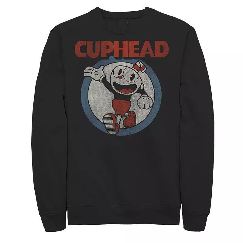 Men's Cuphead Waving Circle Portrait Vintage Fleece, Size: Large, Black Product Image