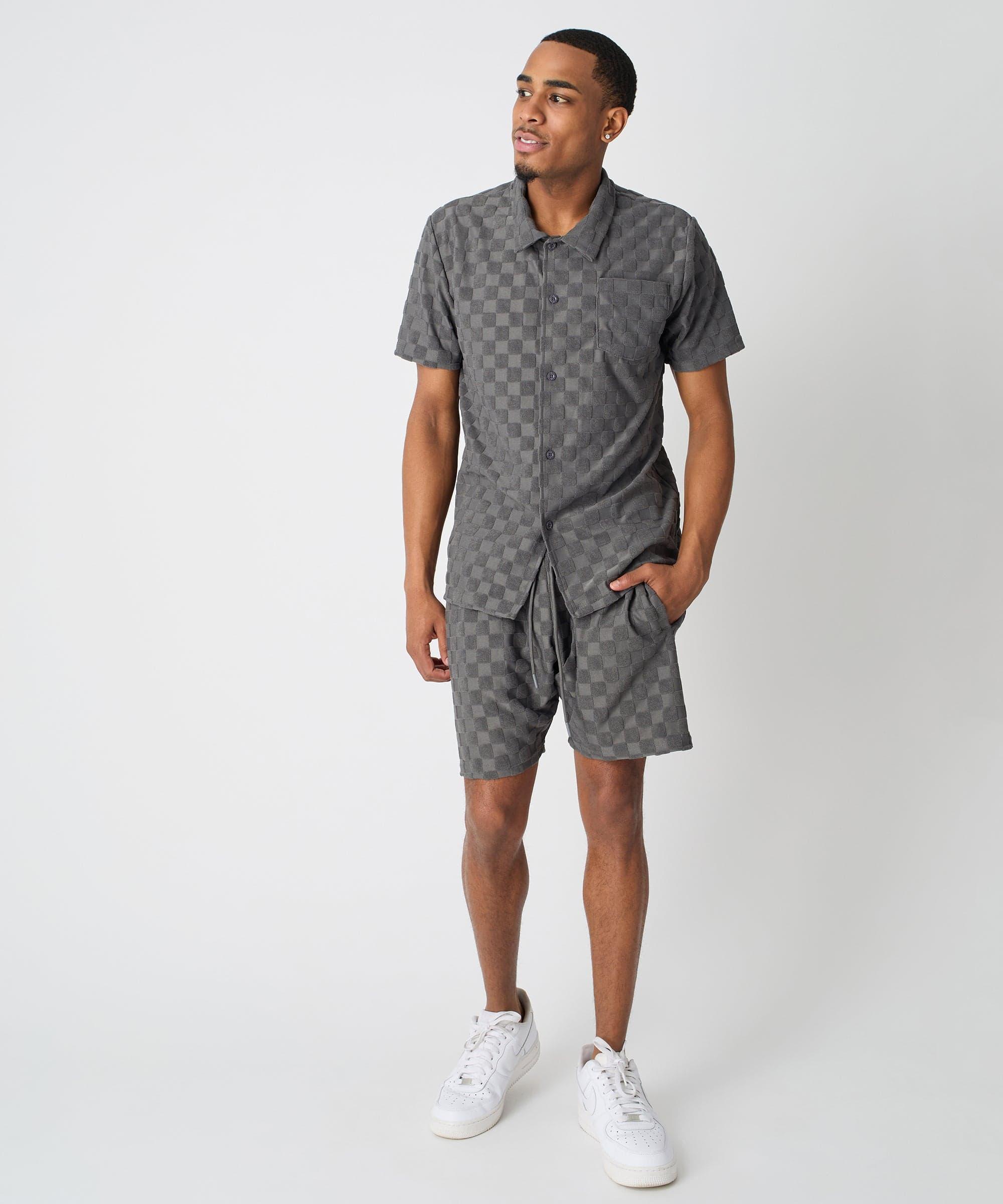 Checkerboard Towel Color Blocked Short Sleeve Button Down Shirt - Grey Product Image