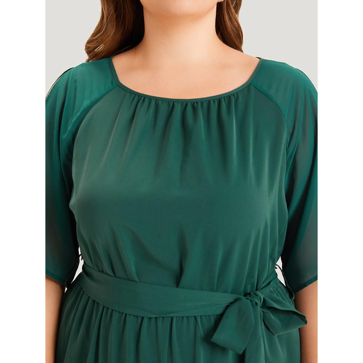 Plus Size DarkGreen Solid Belted Pocket Cut Out Zipper Jumpsuit Women Office Short sleeve Round Neck Work Loose Jumpsuits BloomChic 12/L Product Image