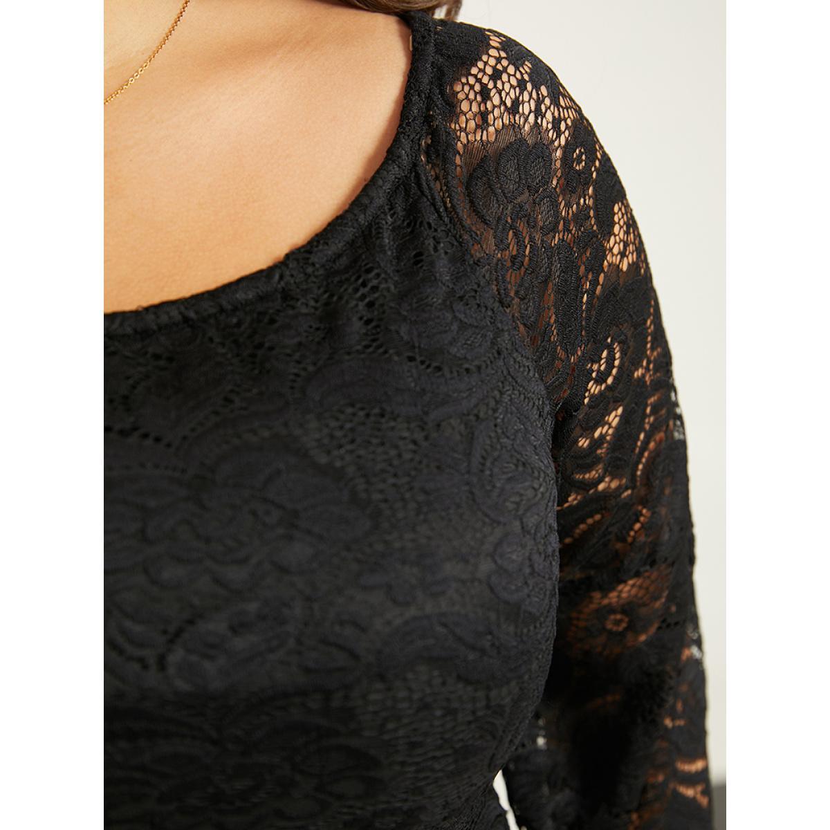 Plus Size Plain Crochet Lace Mesh Bell Sleeve Dress Black Women Glamour Plain Scoop Neck Long Sleeve Curvy Knee Dress BloomChic 12/L Product Image