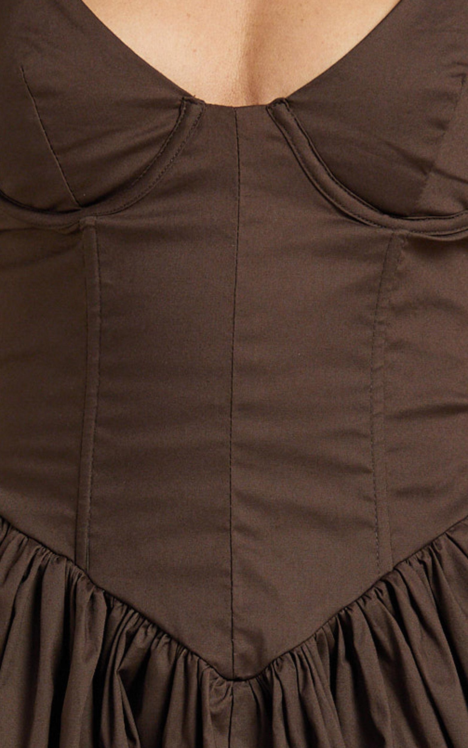 Ashlyn Mini Dress - Scoop Neck V Waist Gathered Dress in Chocolate Product Image