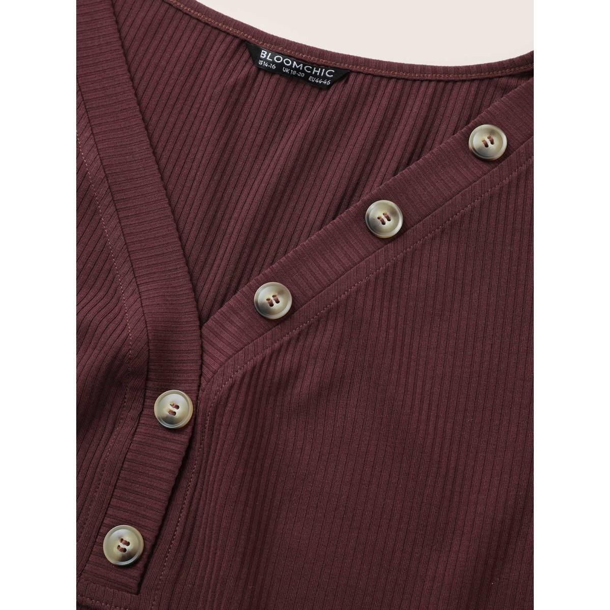 Plus Size Solid Rib Knit Button Detail Skinny T-shirt Mauve Women Casual Texture Plain V-neck Everyday T-shirts BloomChic 22-24/3X Product Image