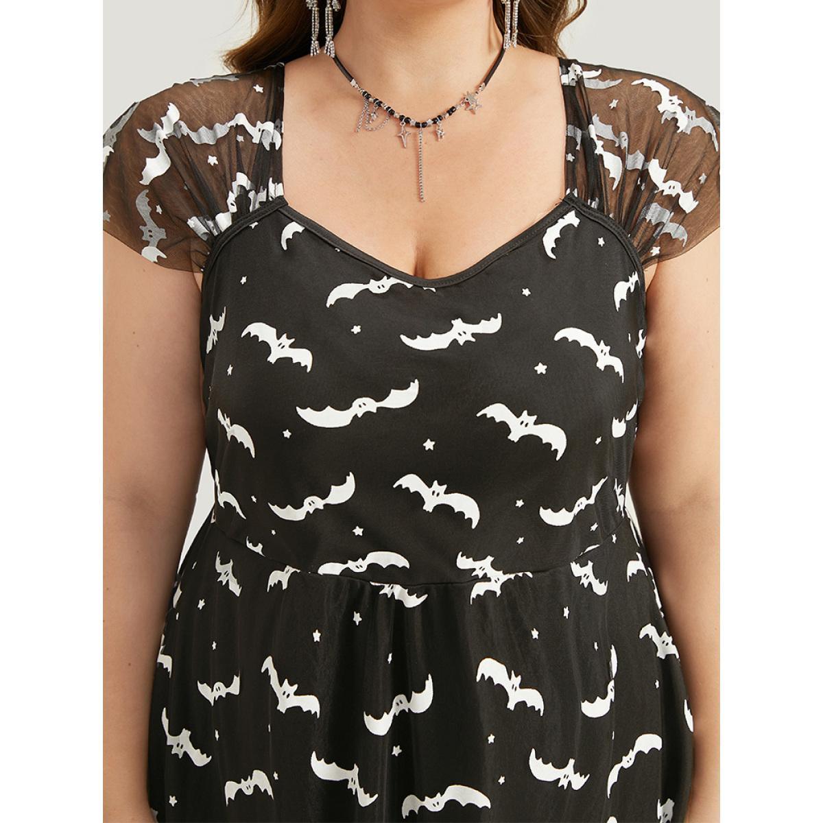 Plus Size Halloween Bat Print Mesh Square Neck Dress Black Women Glamour See through Square Neck Sleeveless Curvy Midi Dress BloomChic 12/L Product Image