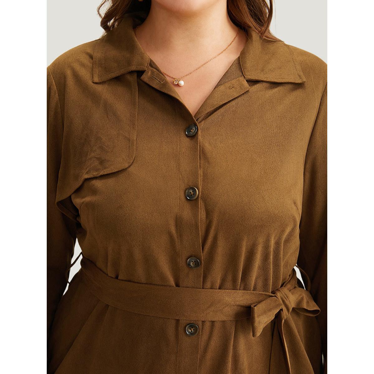 Plus Size Plain Split Hem Button Through Belted Dress Bronze Women Office Plain Shirt collar Long Sleeve Curvy Knee Dress BloomChic 18-20/2X Product Image