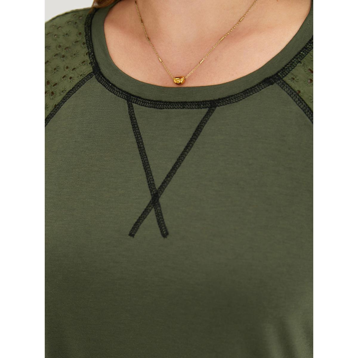 Plus Size Plain Patchwork Broderie Anglaise Raglan Sleeve T-shirt ArmyGreen Women Elegant Plain Plain Round Neck Dailywear T-shirts BloomChic 30/6X Product Image