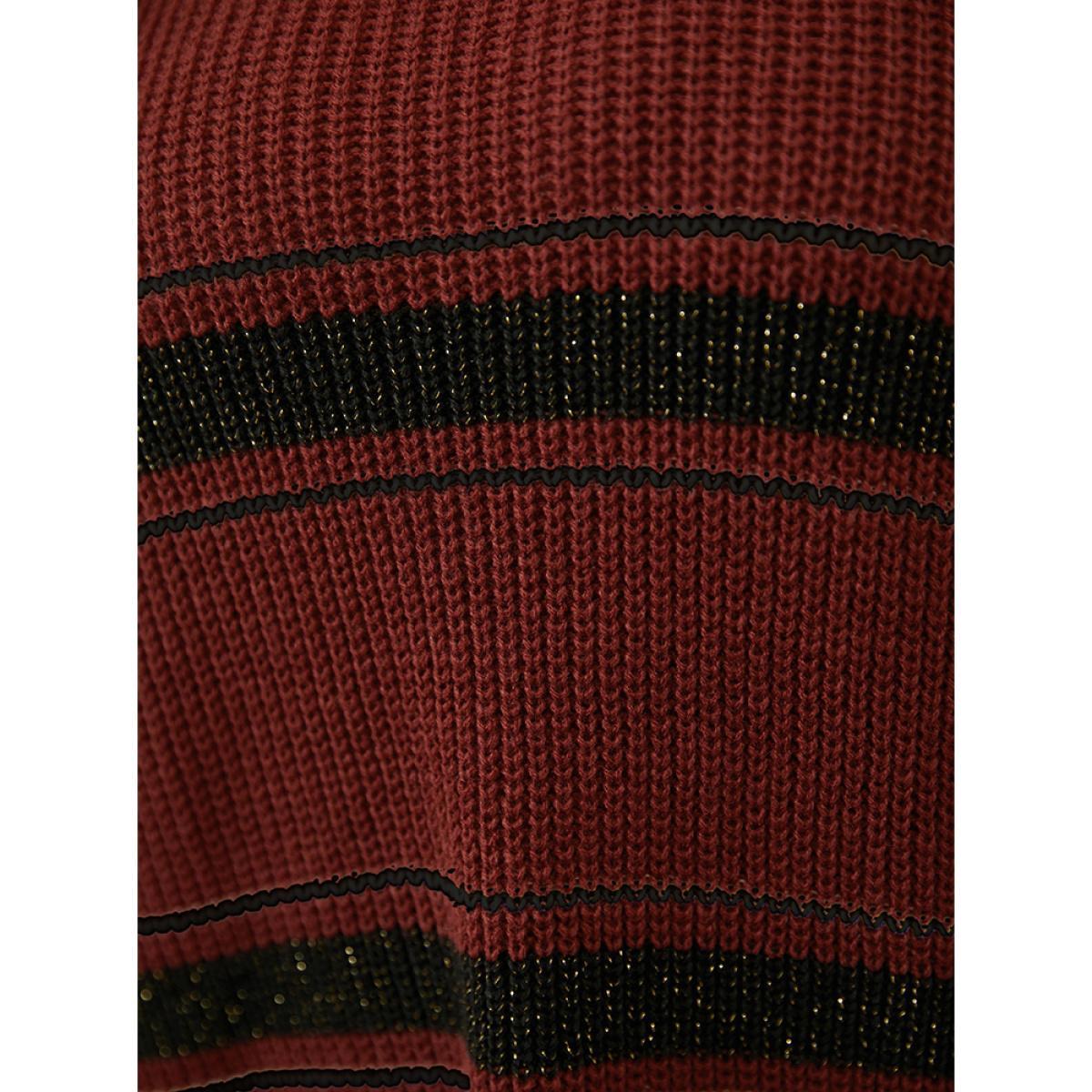 Plus Size Striped Contrast Pointelle Knit Lantern Sleeve Round Neck Knit Top Scarlet Women Casual Loose Long Sleeve Round Neck Dailywear Pullovers BloomChic 26/4X Product Image