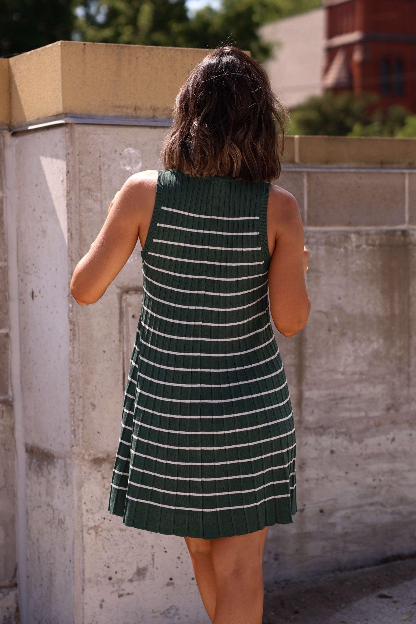 Green Stripe Pleated Mini Dress-FINAL SALE Product Image