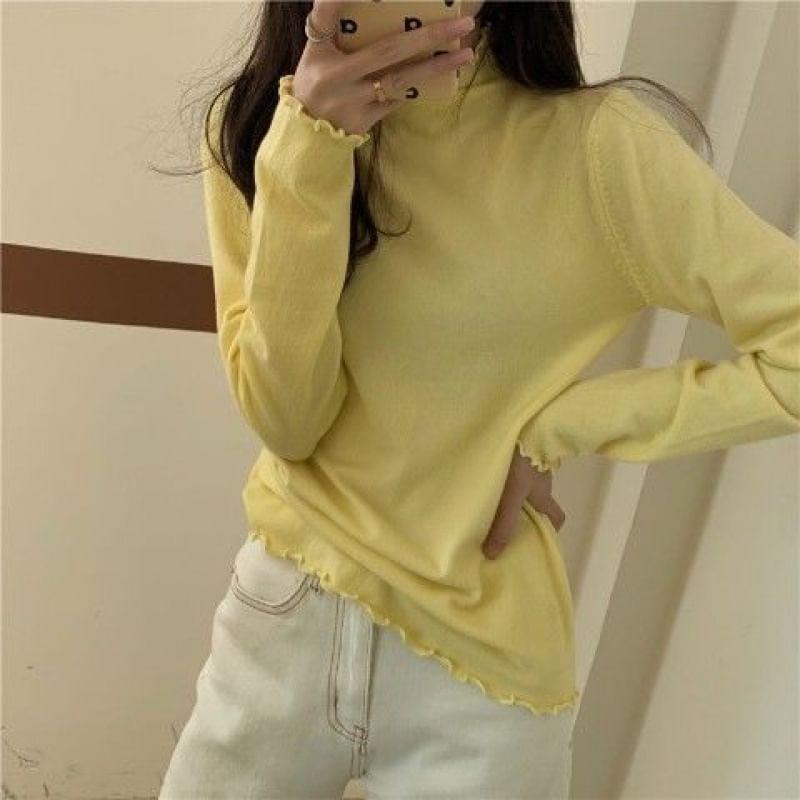 Long Sleeve Turtleneck Plain Ruffle Hem Knit Top Product Image