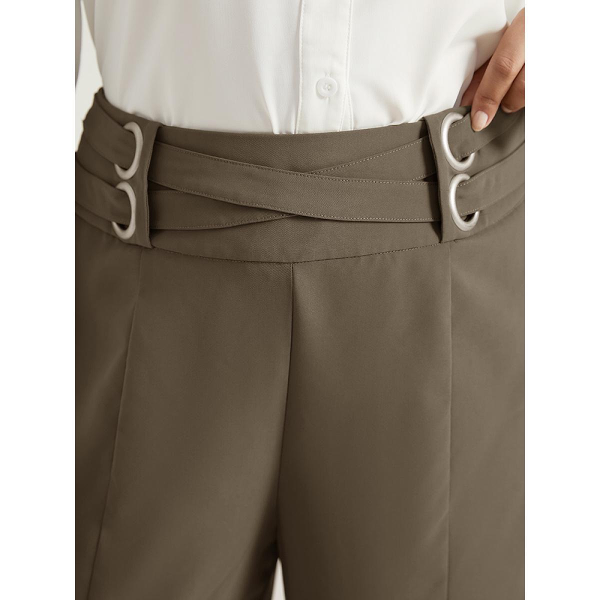 Plus Size Anti-Wrinkle High Rise Control Metal Detail Pants Women DarkBrown Office Wide Leg High Rise Work Pants BloomChic 18-20/2X Product Image