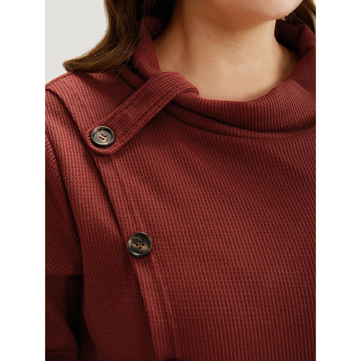 Plus Size Rib Knit Mock Neck Wrap Pocket Button Detail Sweatshirt Women Scarlet Casual Wrap Mock Neck Dailywear Sweatshirts BloomChic 12/L Product Image