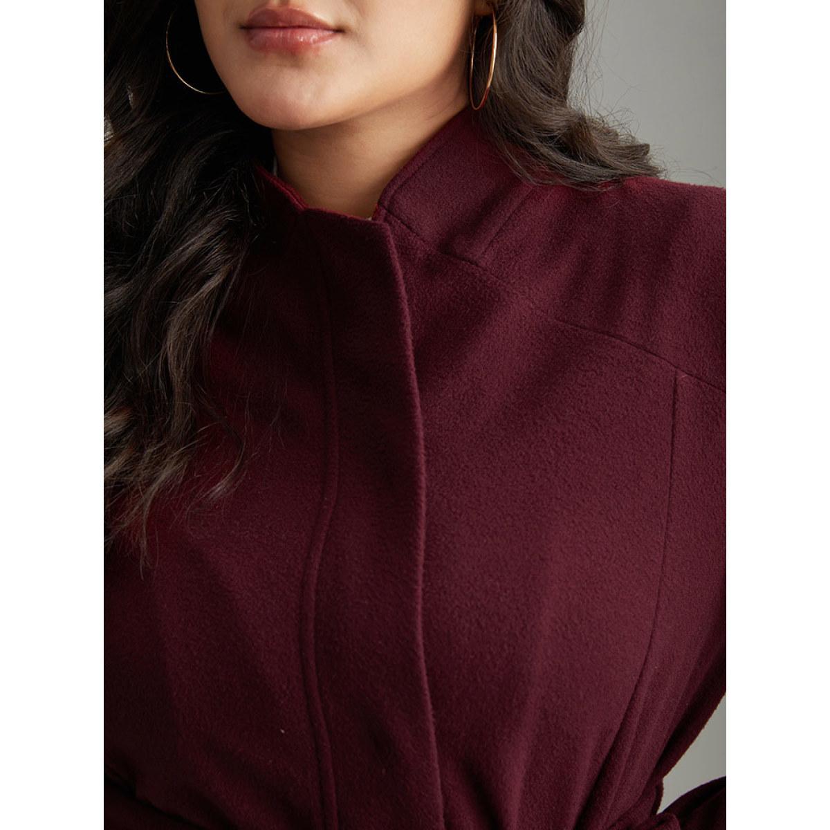 Plus Size Solid Button Fly Stand Collar Belted Pocket Coat Women Burgundy Casual Plain Ladies Everyday Winter Coats BloomChic 14-16/1X Product Image