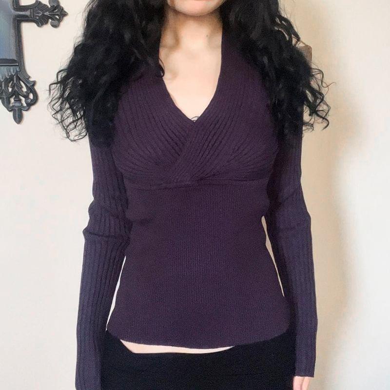 Long Sleeve V-Neck Plain Ribbed-Knit Slim-Fit Top Product Image