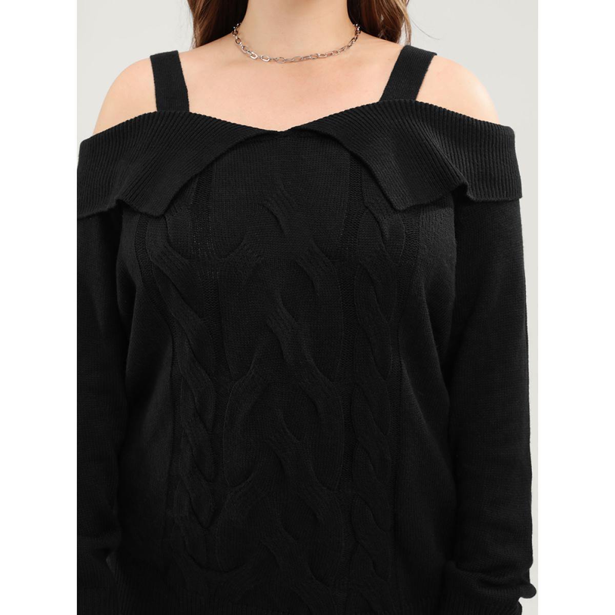 Plus Size Solid Pointelle Knit Cold Shoulder Knit Top Black Women Elegant Long Sleeve Cold Shoulder Dailywear Pullovers BloomChic 10/M Product Image