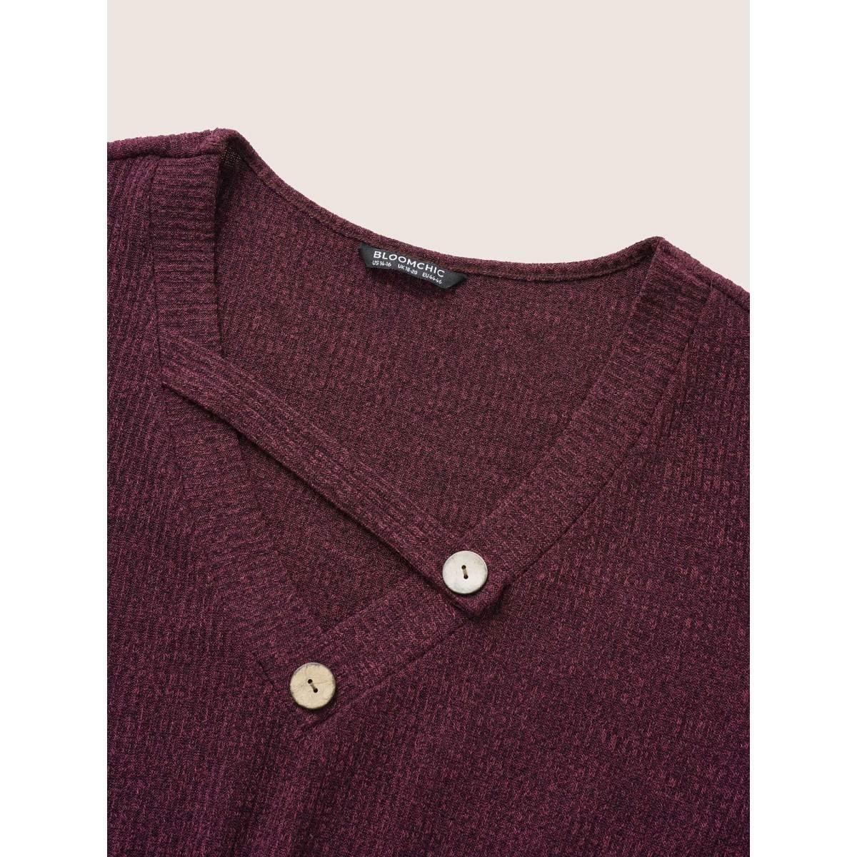 Plus Size Rib Knit Cut Out Button Detail Asymmetrical Neck Dress Maroon Women Casual Rib Knit Asymmetrical Neck Long Sleeve Curvy Knee Dress BloomChic 12/L Product Image