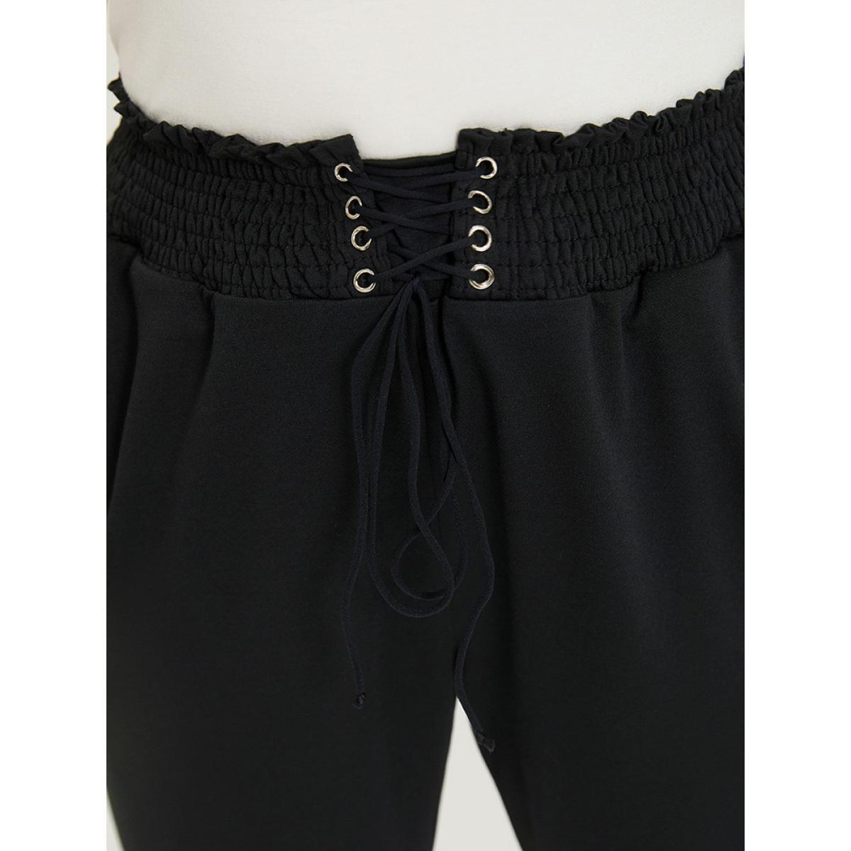 Solid Pocket Bowknot Shirred Sweatpants Black Plus Size Women Casual Dailywear Drawstring 14-16/1X Bloomchic Product Image