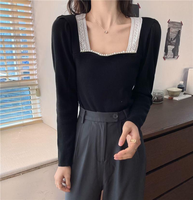 Long Sleeve Square Neck Plain Lace Trimmed Crop Top Product Image
