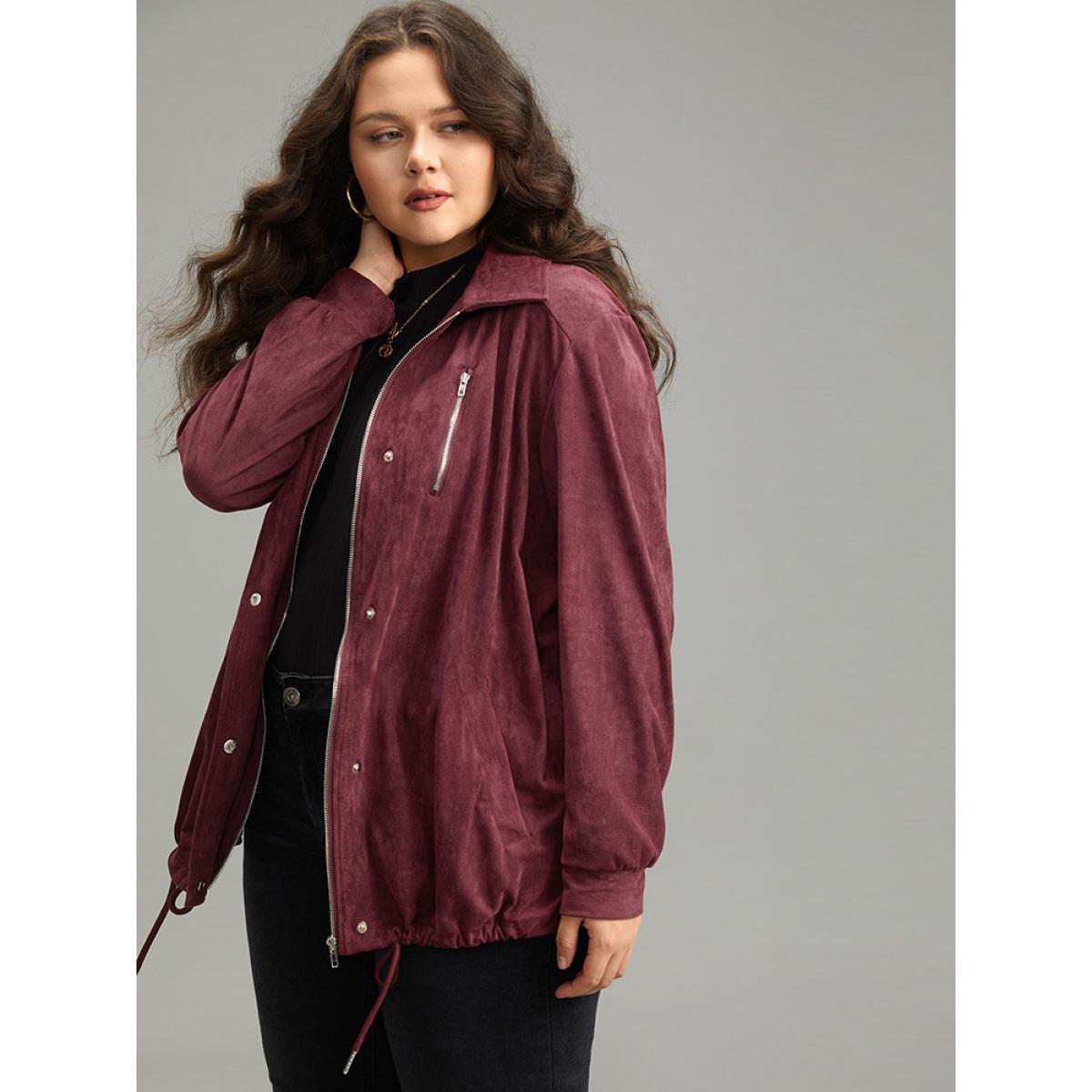 Plus Size Plain Pocket Zipper Fly Drawstring Jacket Women Burgundy Plain Pocket Dailywear Jackets BloomChic 18-20/2X Product Image