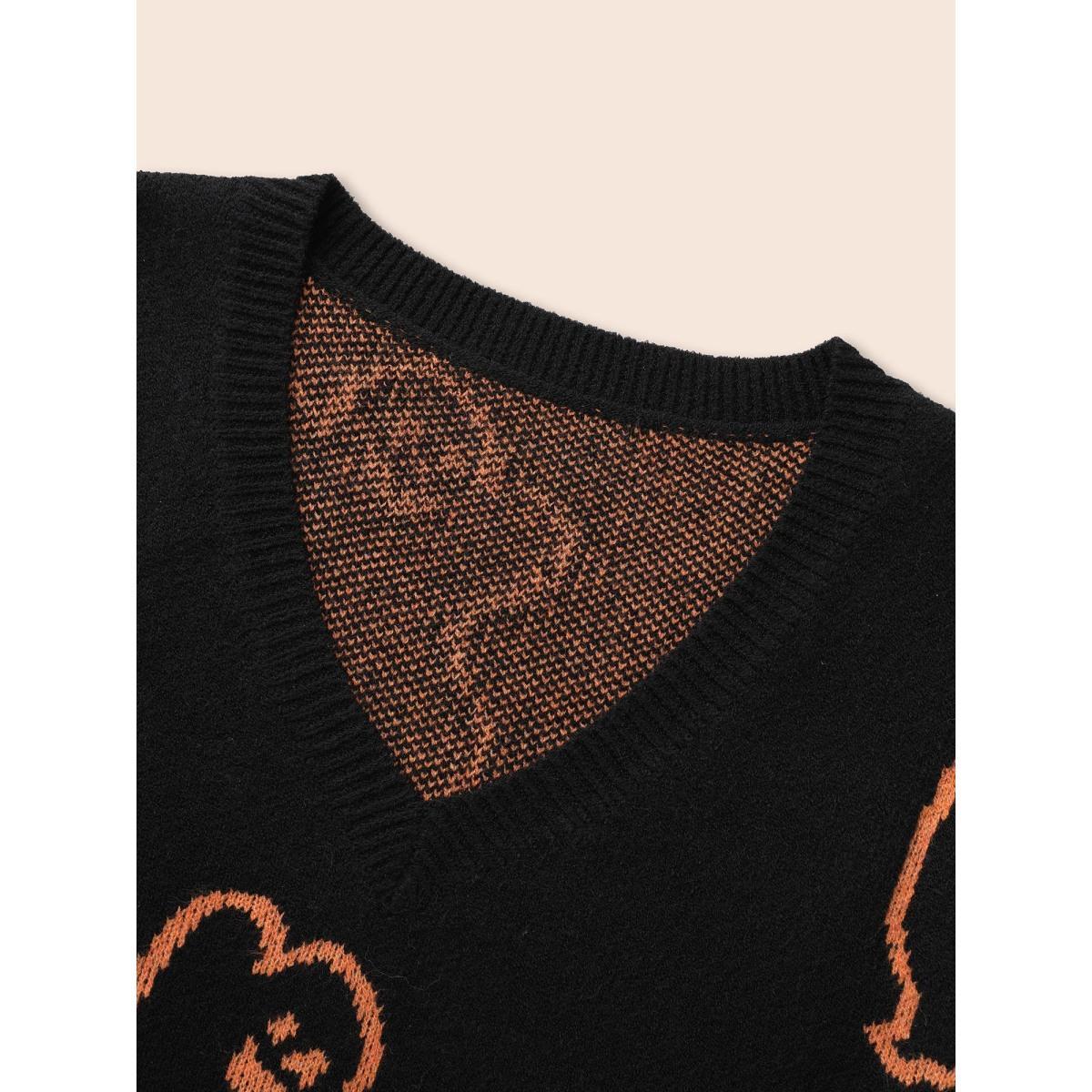 Plus Size Spooky Ghost Pattern V-Neck Pullover Black Women Casual Loose Long Sleeve V-neck Everyday Pullovers BloomChic 26/4X Product Image