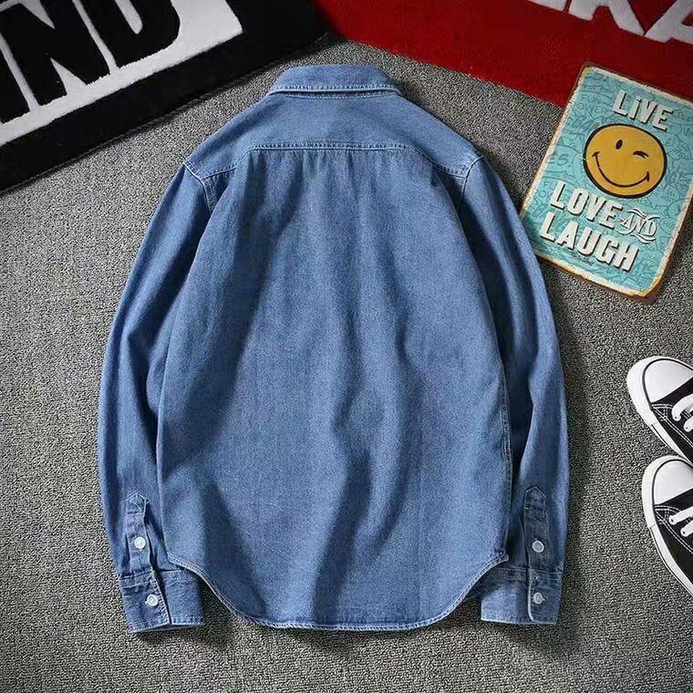 Long Sleeve Collared Washed Denim Shirt Product Image