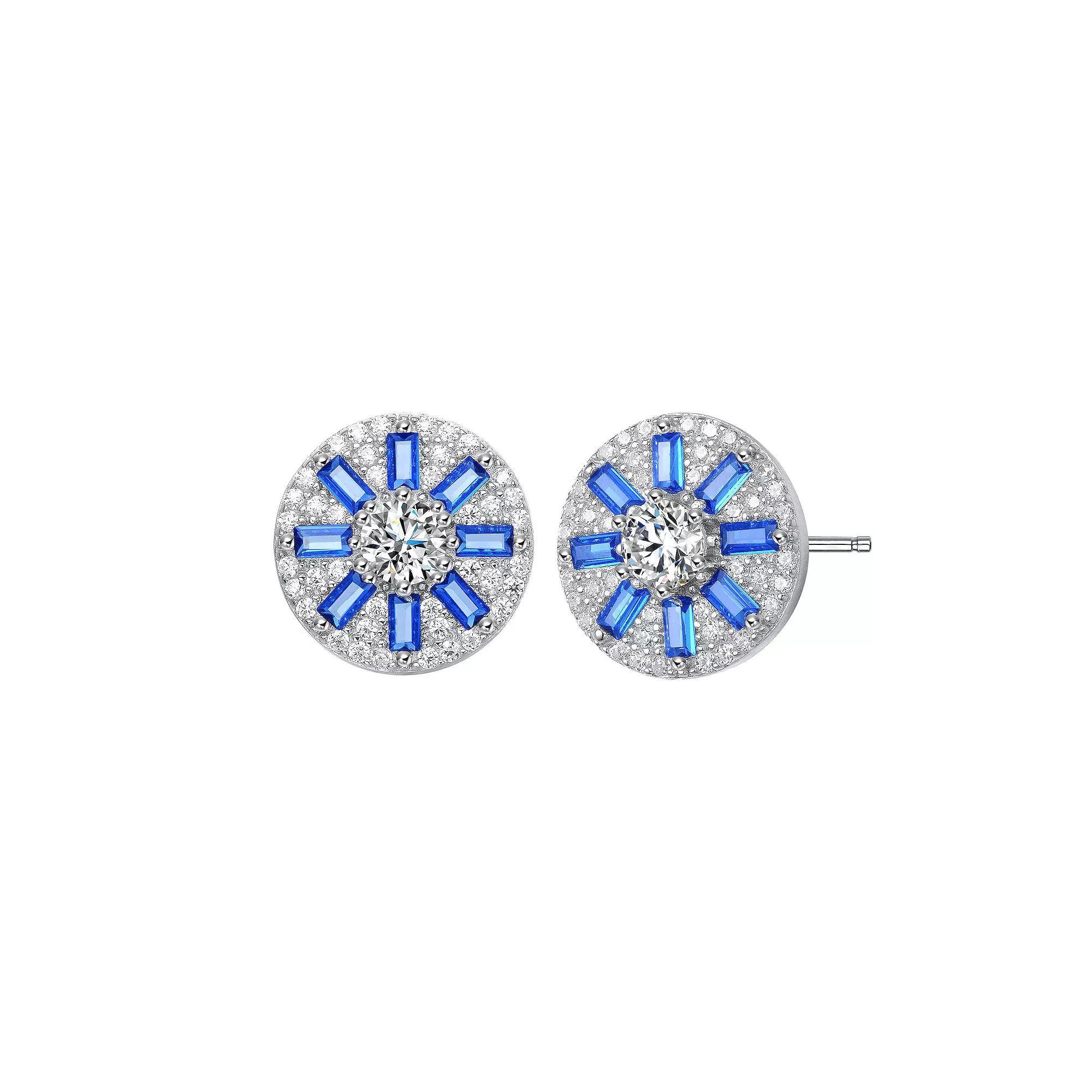Sterling Silver Blue Cubic Zirconia Baguette & Round Stud Earrings, Womens Product Image