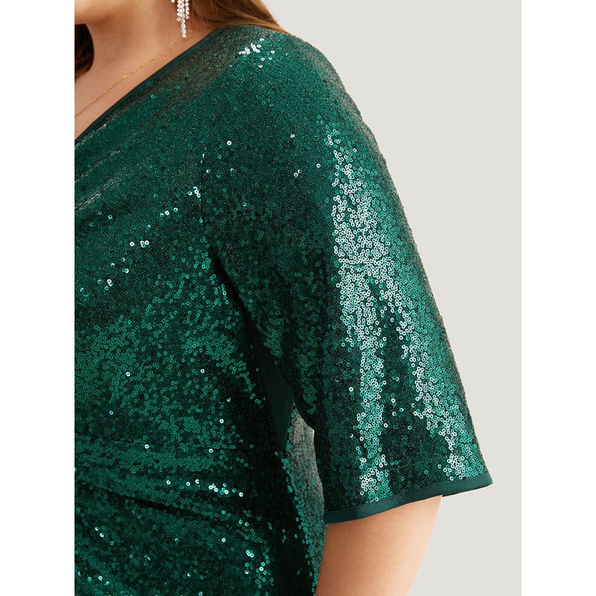 Plus Size Sequin Twist Front V Neck Dress DarkGreen Women Party Plain V-neck Short sleeve Curvy Knee Dress BloomChic 28/5X Product Image