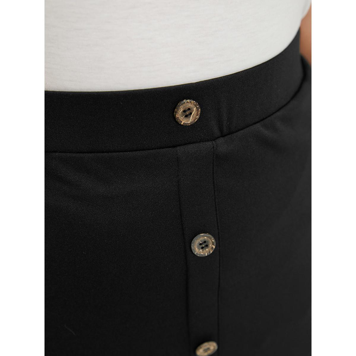 Plus Size Plain Button Detail Flutter Hem Patchwork Skirt Women Black Elegant Elastic Waist Low stretch Dailywear Skirts BloomChic 28/5X Product Image