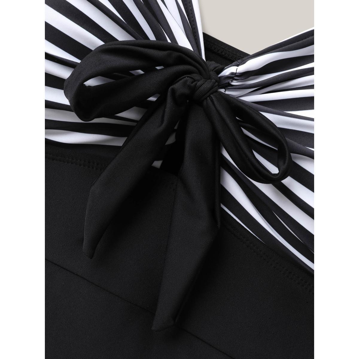Plus Size Striped Adjustable Bust-Tie One-Piece Swimsuit Women's Swimwear Black Beach Tie knot Curve Bathing Suits High stretch One Pieces BloomChic 26/4X Product Image