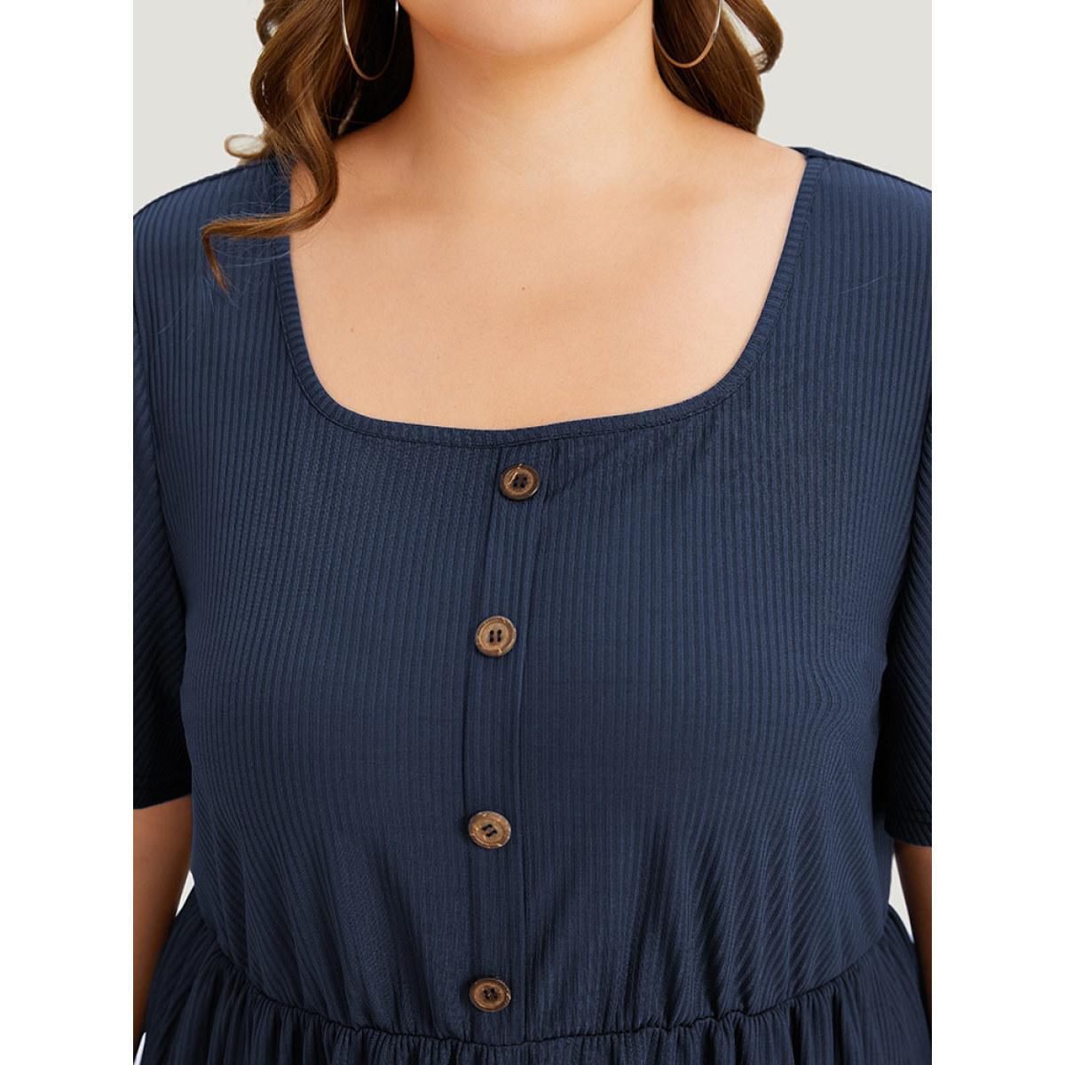 Plus Size Supersoft Essentials Plain Button Detail Ruffle Sleeve Gathered Square Neck Dress Indigo Women Casual Texture Square Neck Short sleeve Curvy Midi Dress BloomChic 12/L Product Image