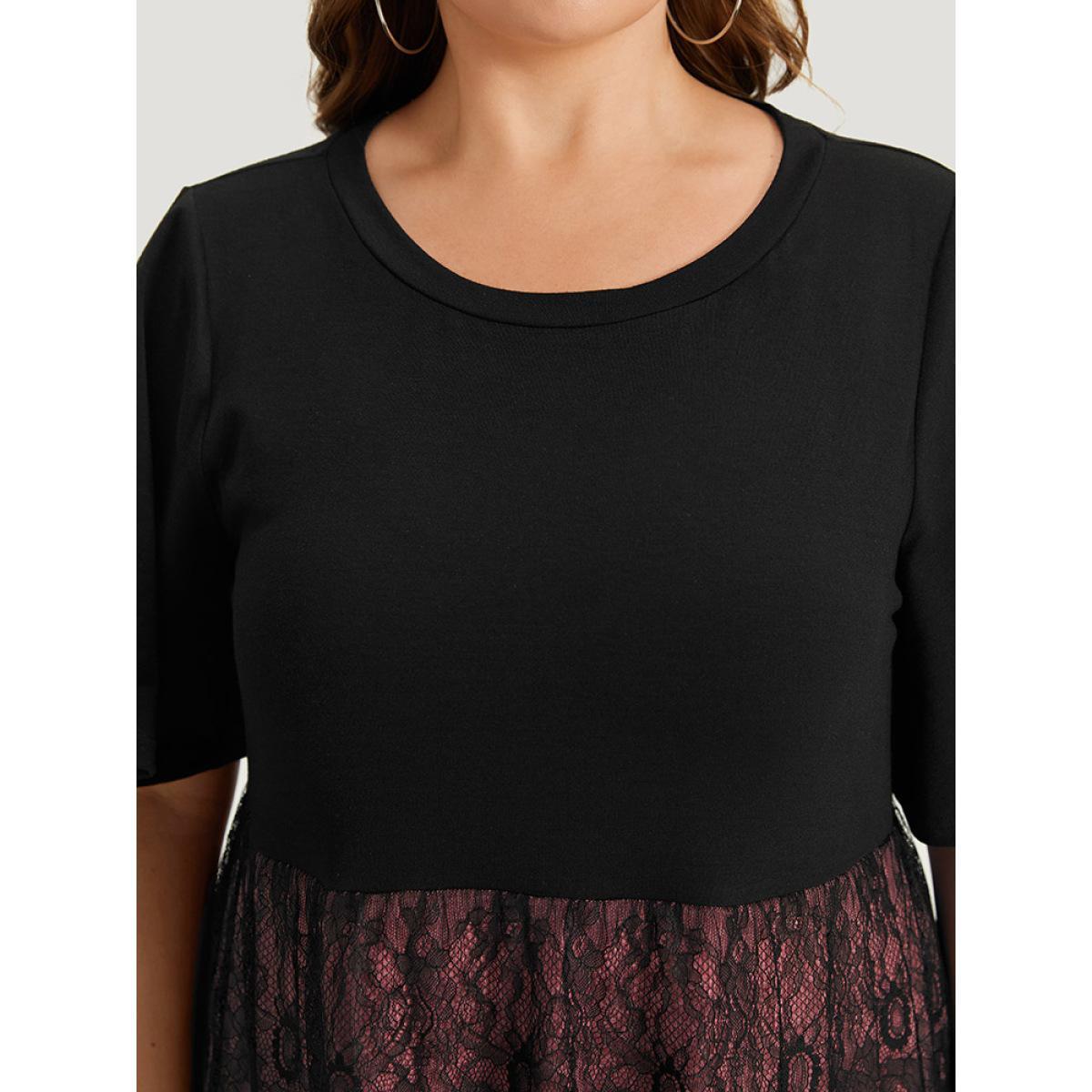 Plus Size Supersoft Essentials Colorblock Contrast Guipure Lace Flutter Sleeve Dress Rouge Women Casual Contrast Round Neck Short sleeve Curvy Midi Dress BloomChic 26/4X Product Image