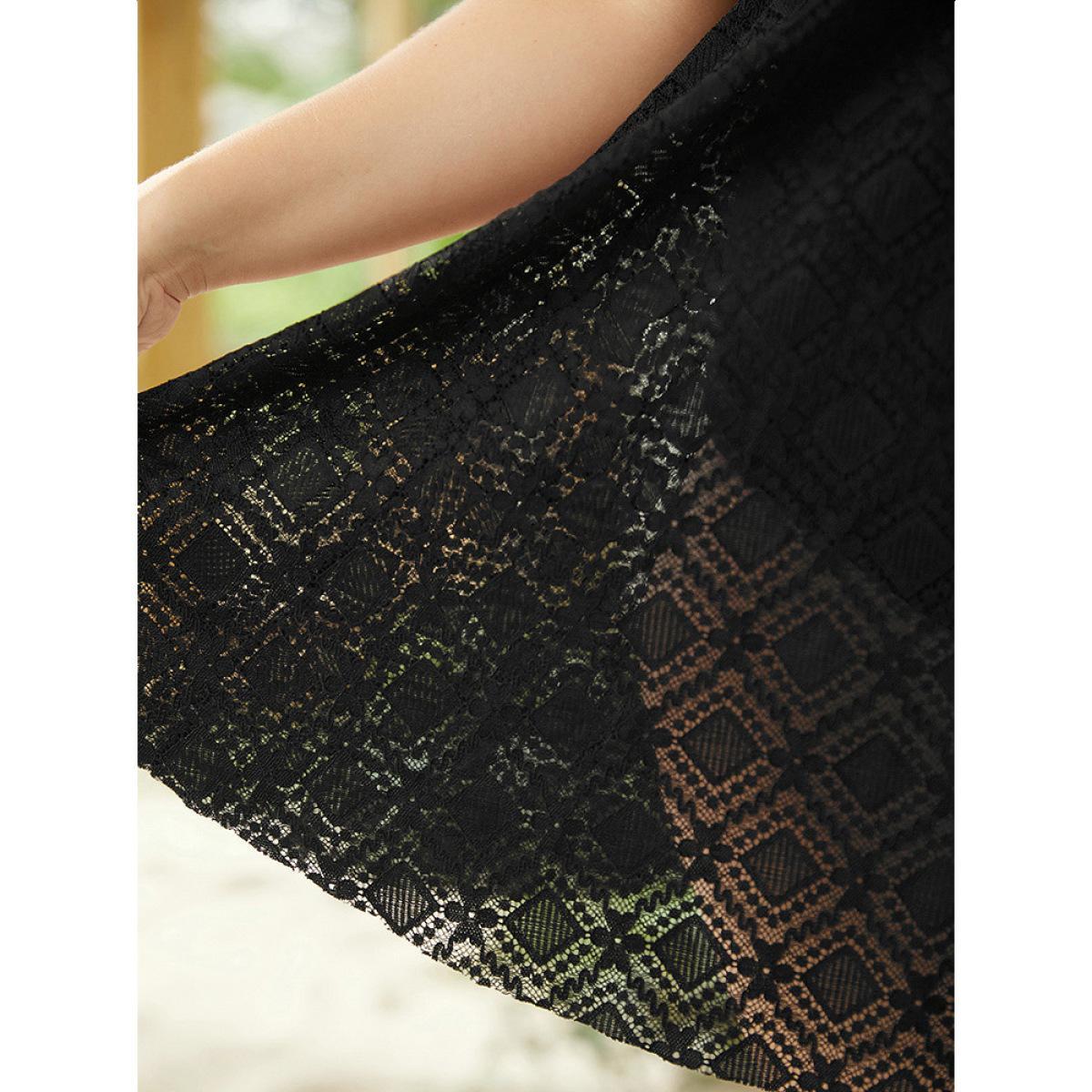 Plus Size Crossover Lace Hem Knotted Halter Swim Dress Women's Swimwear Black Vacation Bodycon Halter neck High stretch Curve Swim Dresses BloomChic 30/6X Product Image