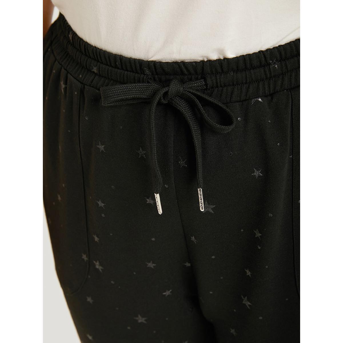 Star Drawstring Slant Pocket Elastic Waist Sweatpants Black Plus Size Women Casual Dailywear Elastic Waist 30/6X Bloomchic Product Image