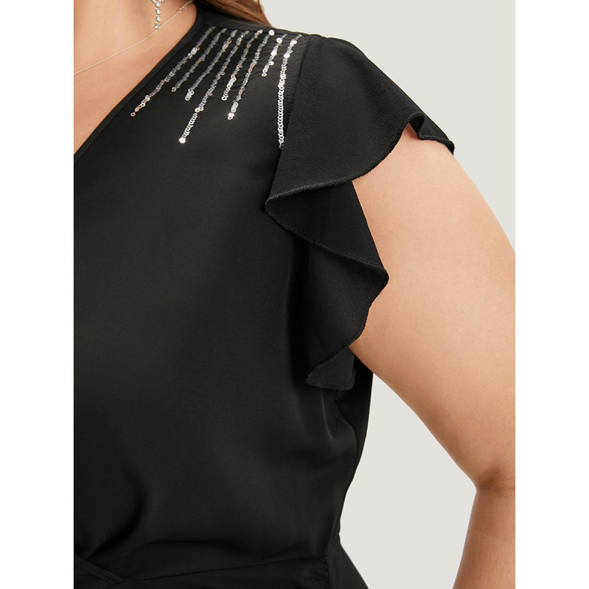 Plus Size Sequin Surplice Neck Ruffle Trim Zipper Dress Black Women Party Rhinestone detailing V-neck Sleeveless Curvy Midi Dress BloomChic 28/5X Product Image