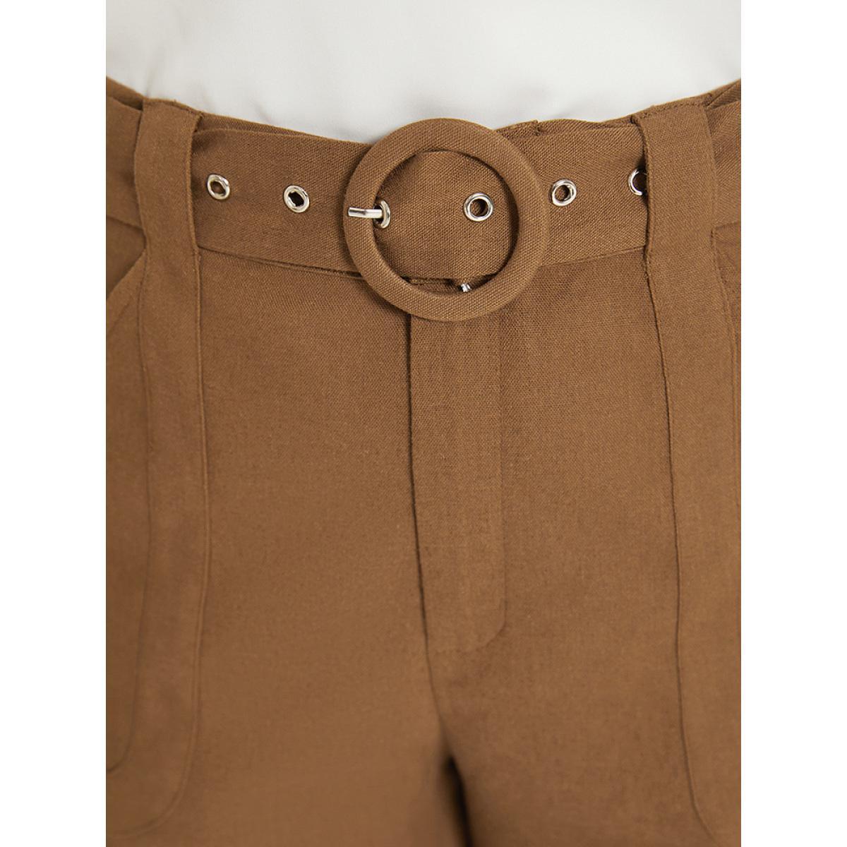 Plus Size Solid Pocket Belted Roll Hem High Rise Shorts Women DarkBrown Office Belted Work Shorts BloomChic 22-24/3X Product Image