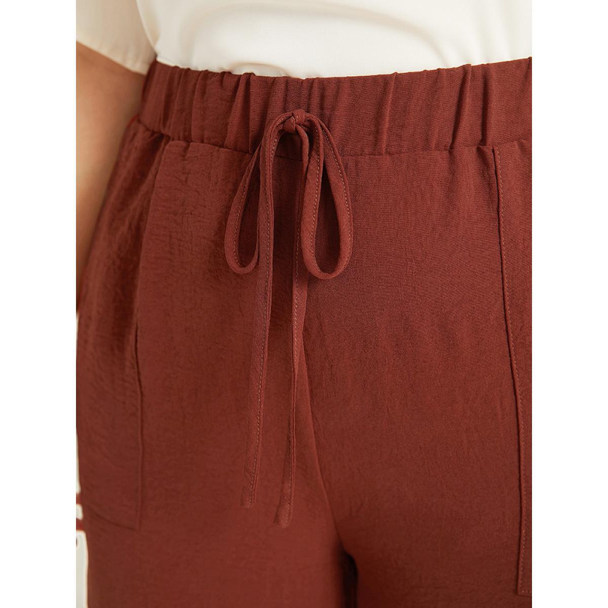 Plus Size Plain Frayed Hem Pocket Bowknot Pants Women Rust Office Straight Leg High Rise Work Pants BloomChic 18-20/2X Product Image