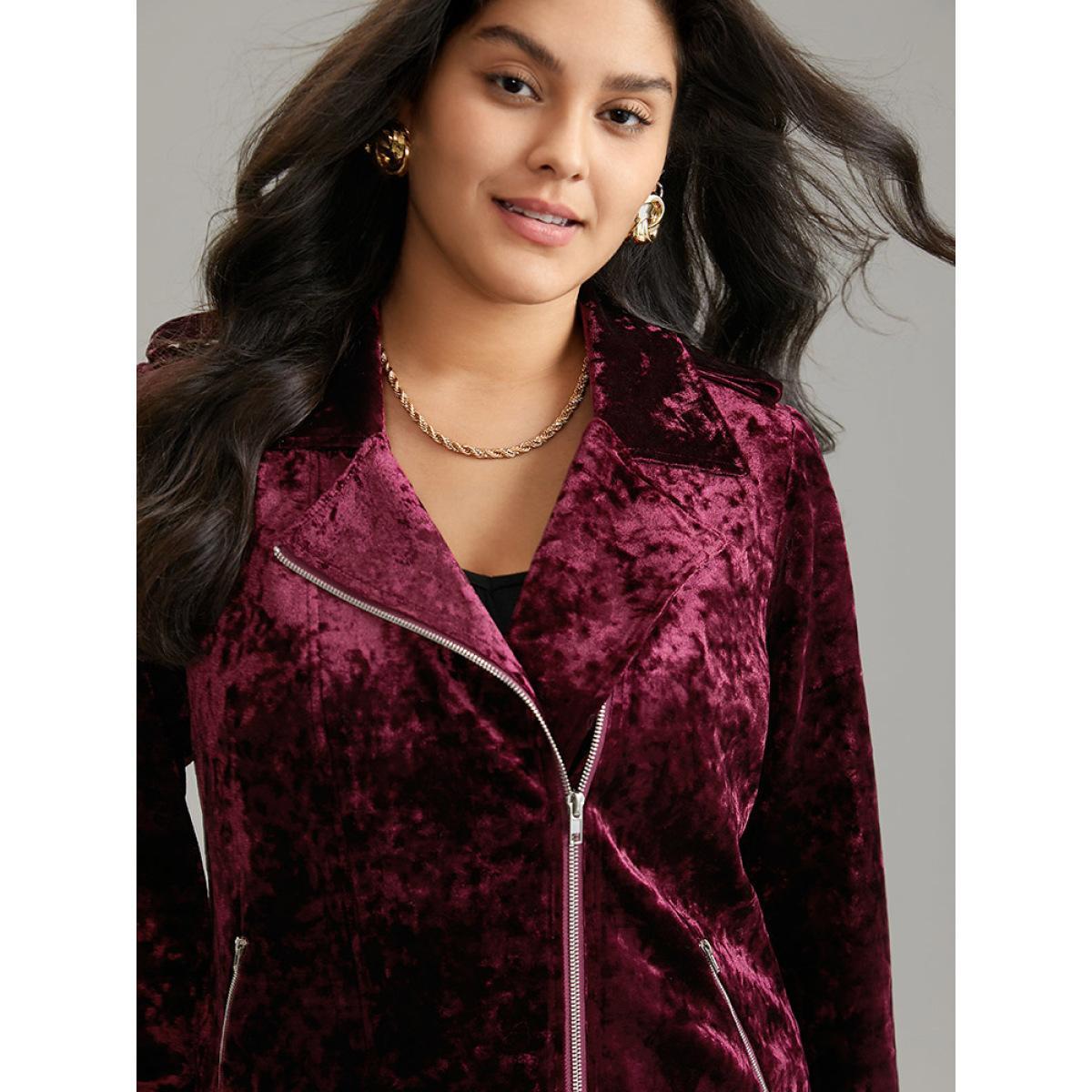 Plus Size Plain Velvet Asymmetrical Zipper Jacket Women Scarlet Lined Pocket Dailywear Jackets BloomChic 30/6X Product Image