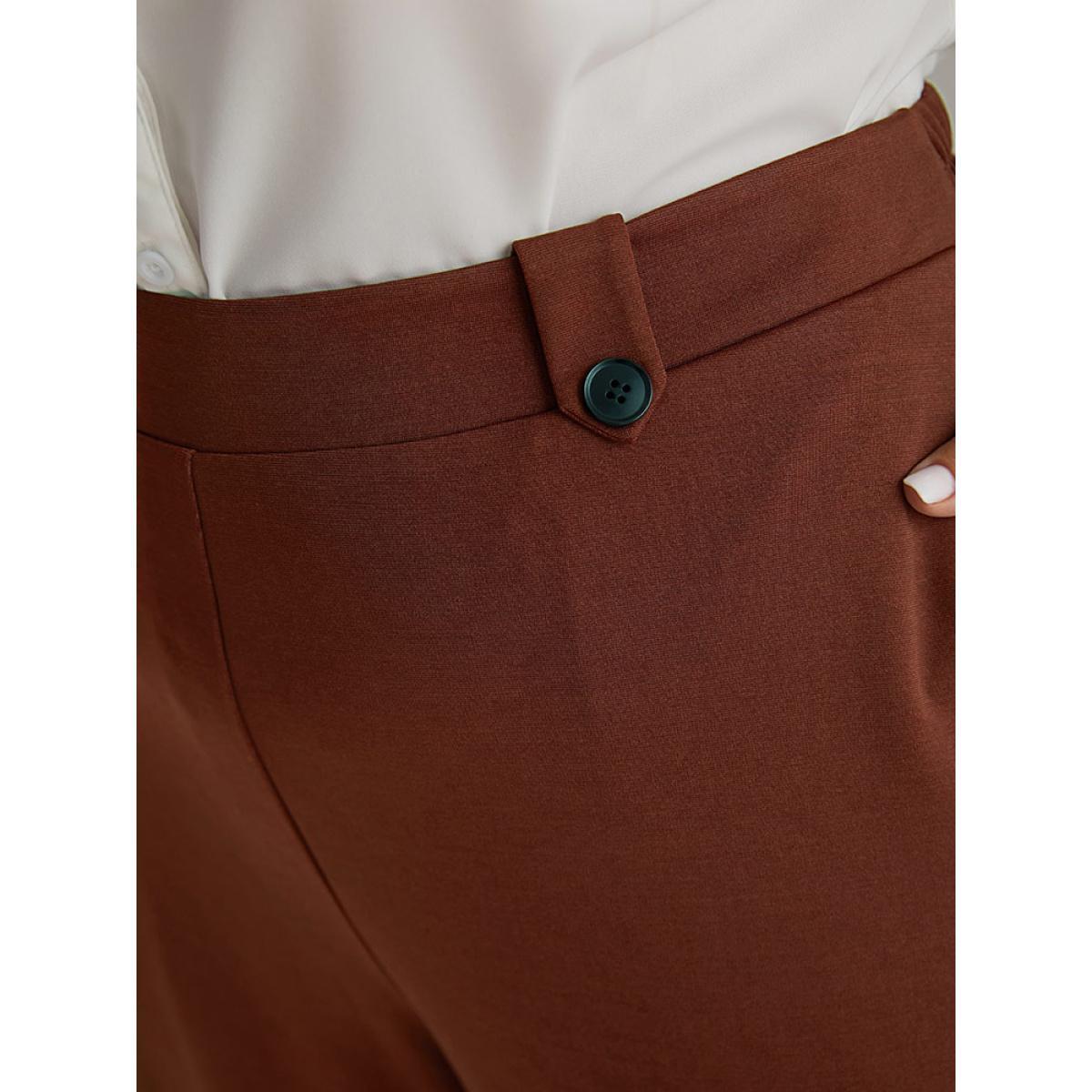 Plus Size Plain Button Detail Straight Leg Pants Women DarkBrown Office Straight Leg High Rise Work Pants BloomChic 18-20/2X Product Image
